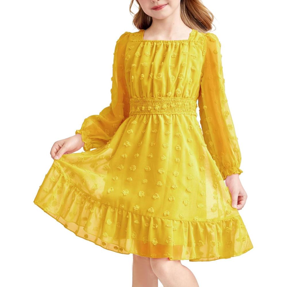 image:imageArshiner Girls Dresses Long Sleeve Square Neck Swiss Dot Flowy Casual Party DressYellow