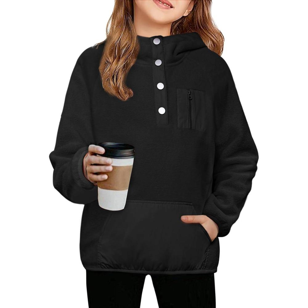 image:imageArshiner Girls Fleece Pullover Hooded Sweatshirt Colorblock Sherpa Hoodie for Teen Girl Winter Button Jacket Coat with PocketBlack