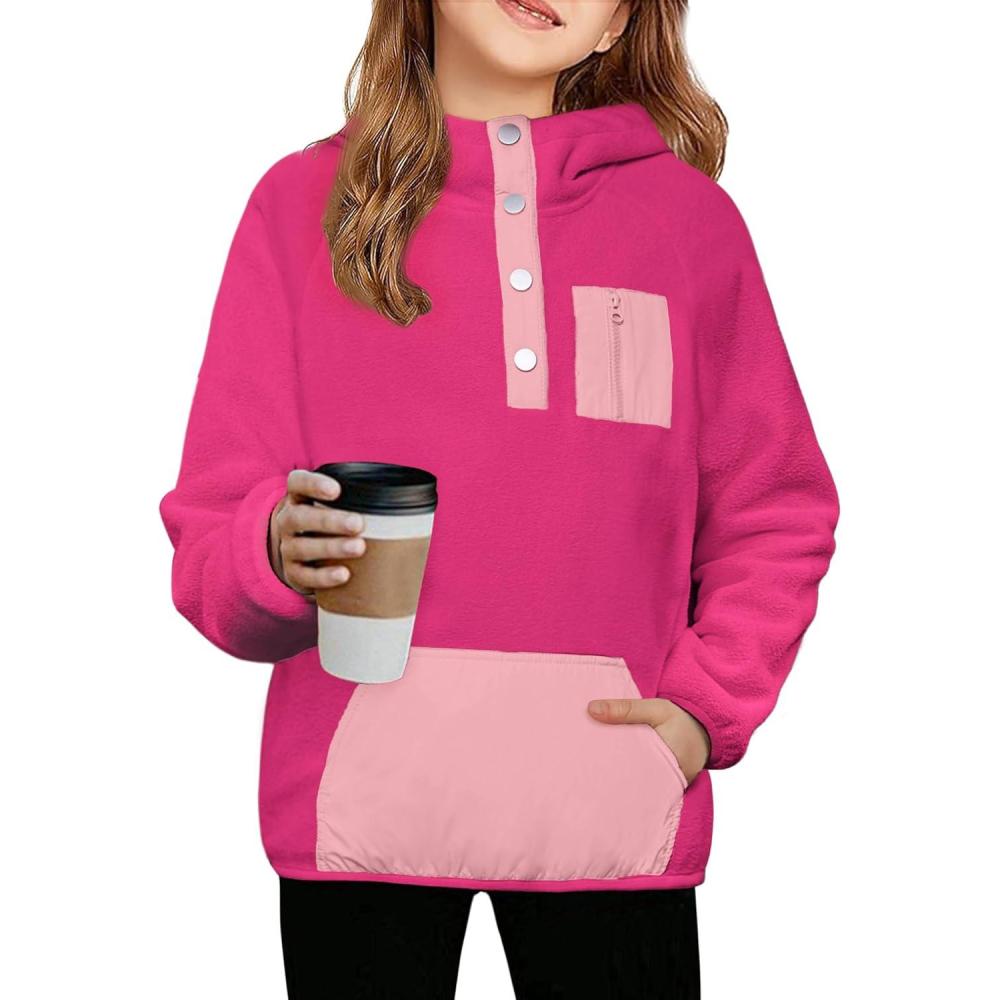 image:imageArshiner Girls Fleece Pullover Hooded Sweatshirt Colorblock Sherpa Hoodie for Teen Girl Winter Button Jacket Coat with PocketDeep Pink