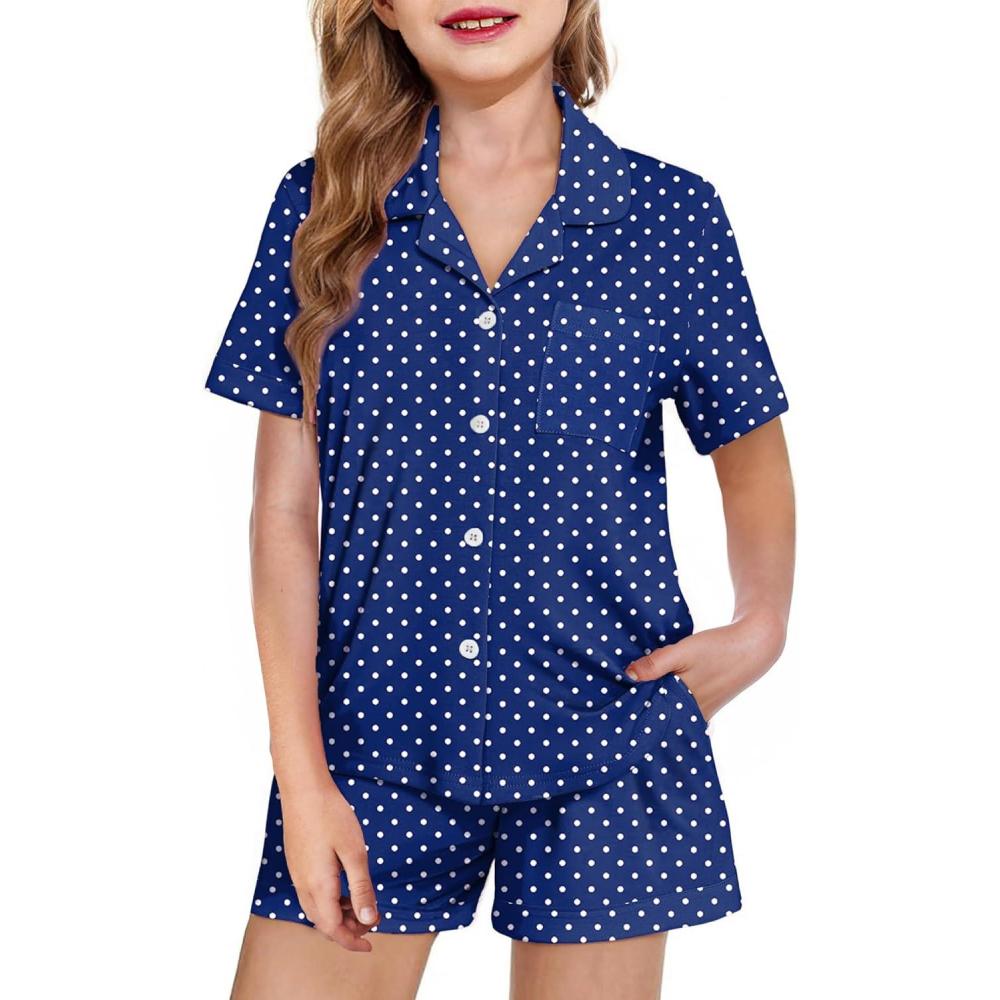 image:imageArshiner Girls Pajamas Summer Outfit Kids Shorts Sets Button Down Loungewear PjsNavy Polka Dots