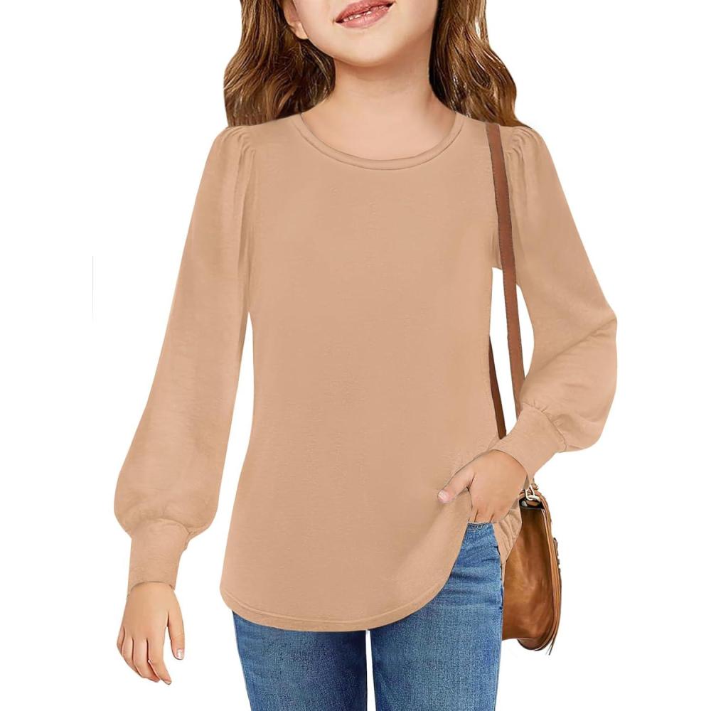image:imageArshiner Girls Puff Long Sleeve Shirts Crew Neck Lantern Sleeve Tunic Tops Casual Shirts for Gilrs Soft Comfy BlousesDeep Khaki