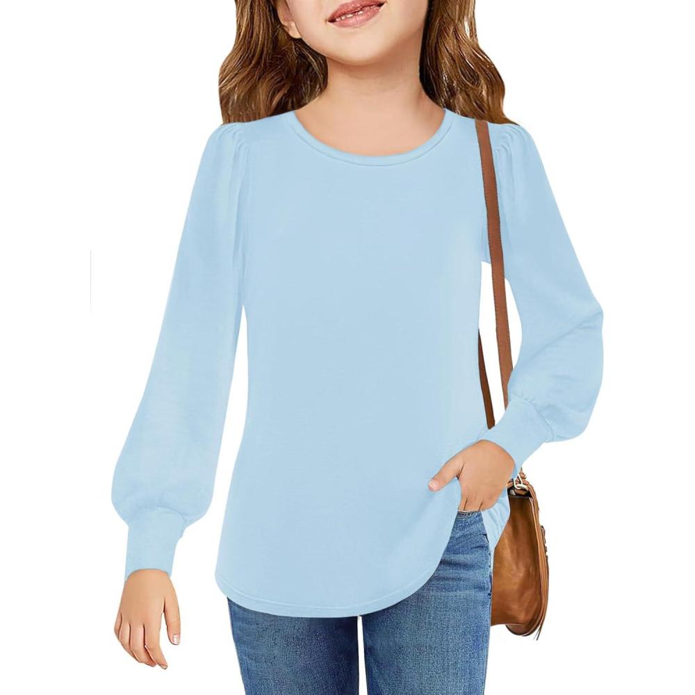 image:imageArshiner Girls Puff Long Sleeve Shirts Crew Neck Lantern Sleeve Tunic Tops Casual Shirts for Gilrs Soft Comfy BlousesLight Blue