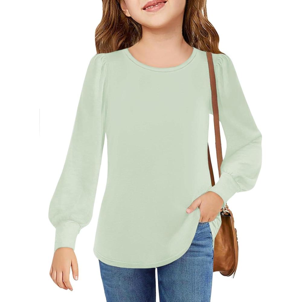 image:imageArshiner Girls Puff Long Sleeve Shirts Crew Neck Lantern Sleeve Tunic Tops Casual Shirts for Gilrs Soft Comfy BlousesLight Green