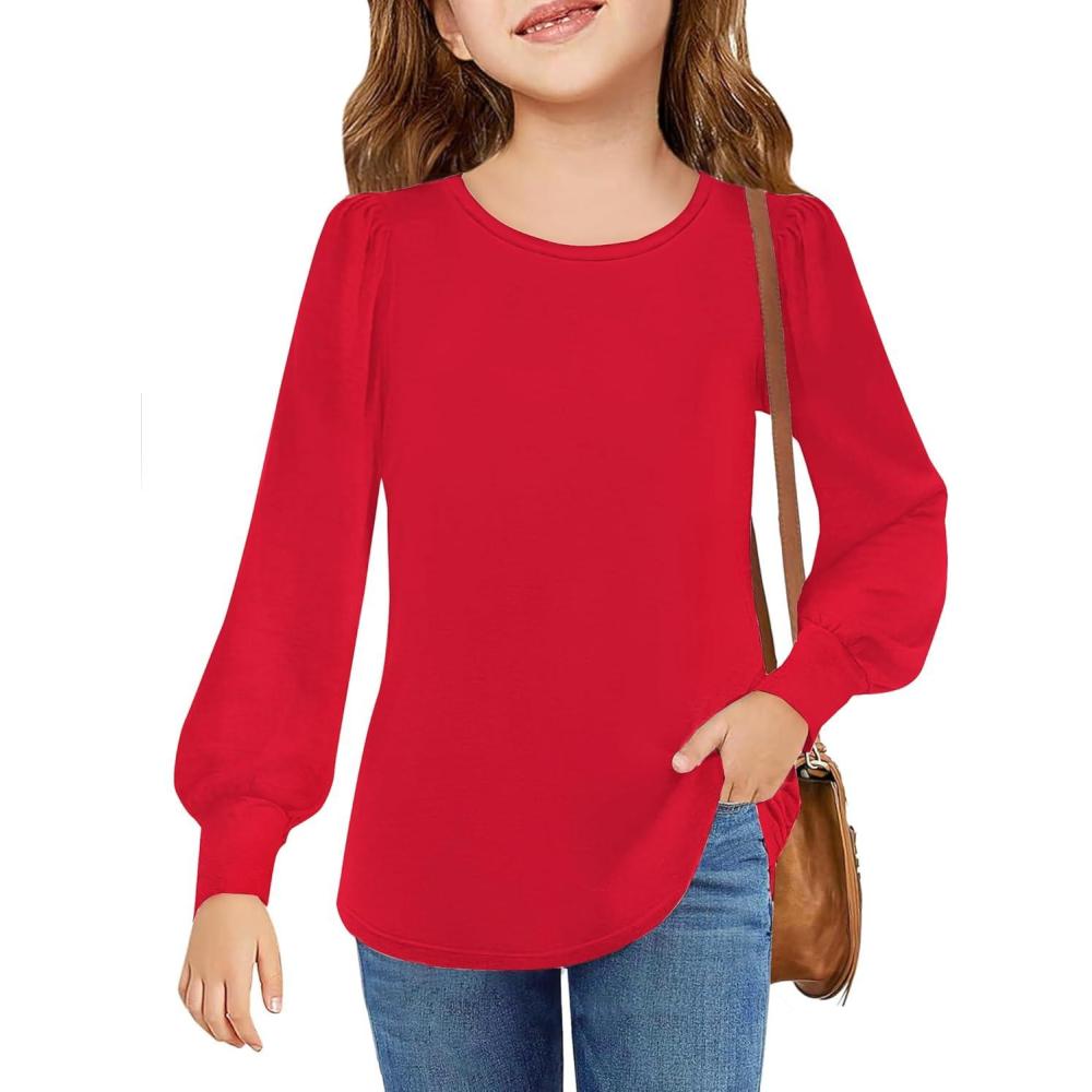 image:imageArshiner Girls Puff Long Sleeve Shirts Crew Neck Lantern Sleeve Tunic Tops Casual Shirts for Gilrs Soft Comfy BlousesRed