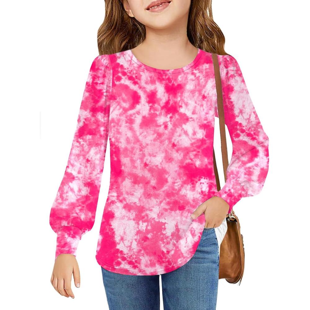 image:imageArshiner Girls Puff Long Sleeve Shirts Crew Neck Lantern Sleeve Tunic Tops Casual Shirts for Gilrs Soft Comfy BlousesTie Dye Rose Pink