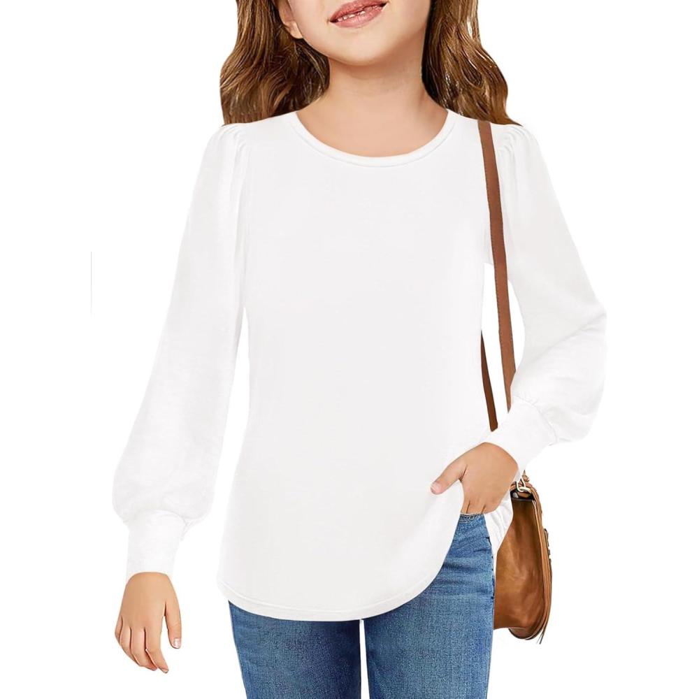 image:imageArshiner Girls Puff Long Sleeve Shirts Crew Neck Lantern Sleeve Tunic Tops Casual Shirts for Gilrs Soft Comfy BlousesWhite