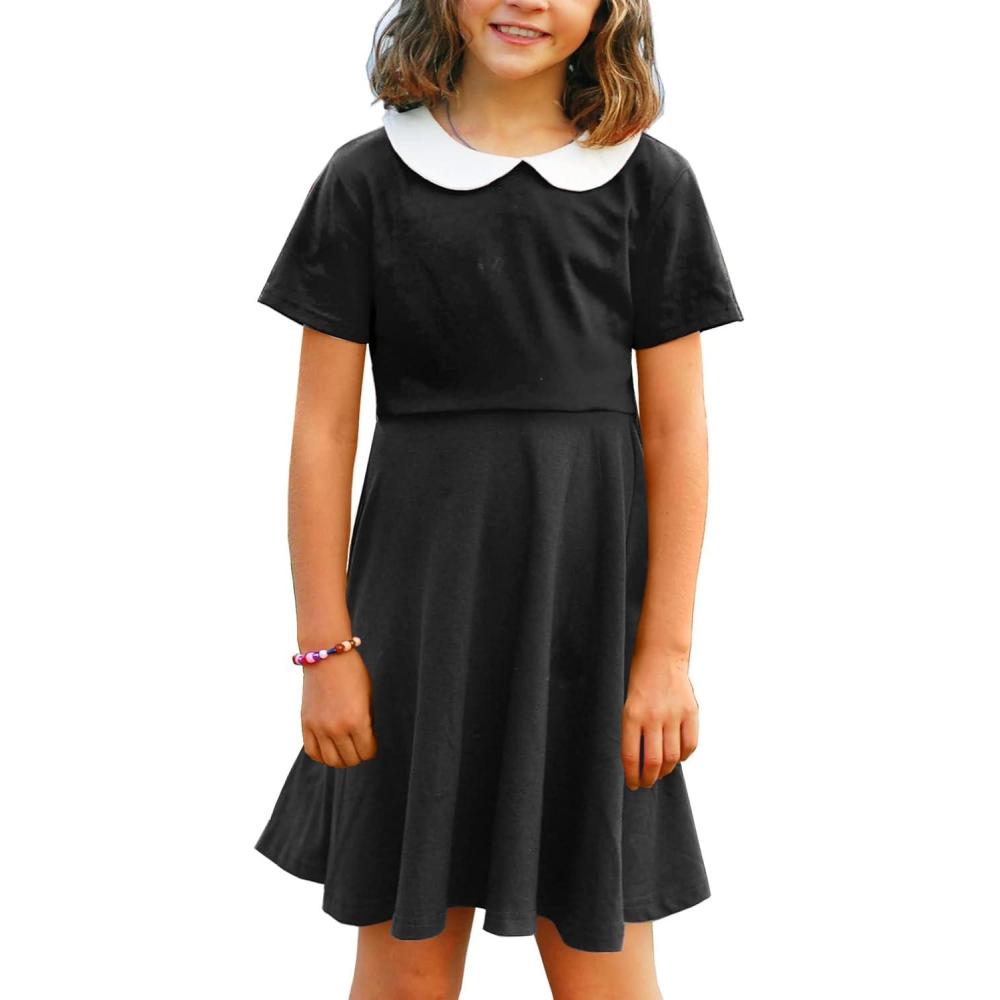 image:imageArshiner Girls Short Sleeve School Dresses Peter Pan Collar Cotton Holiday Flare Skater Dress