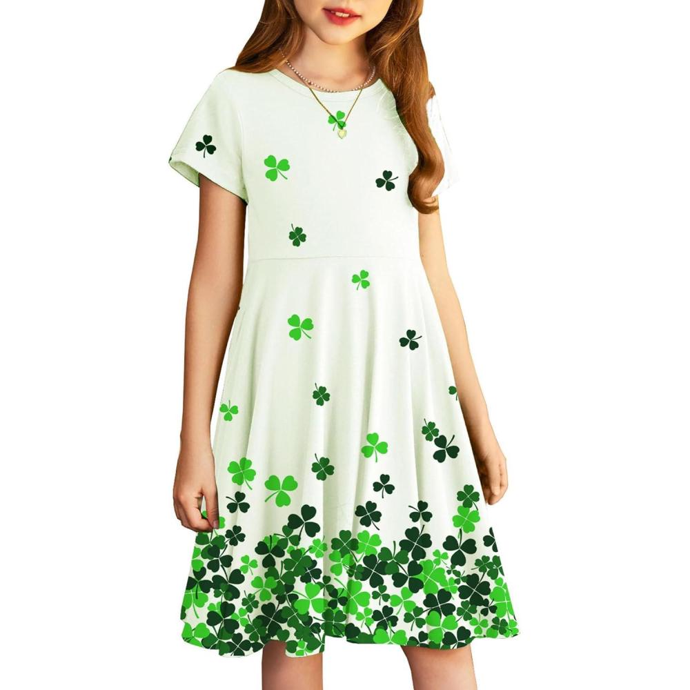image:imageArshiner Girls Summer Dresses Short Sleeve Casual Holiday Skater Twirl Dress with PocketsGreen Clover