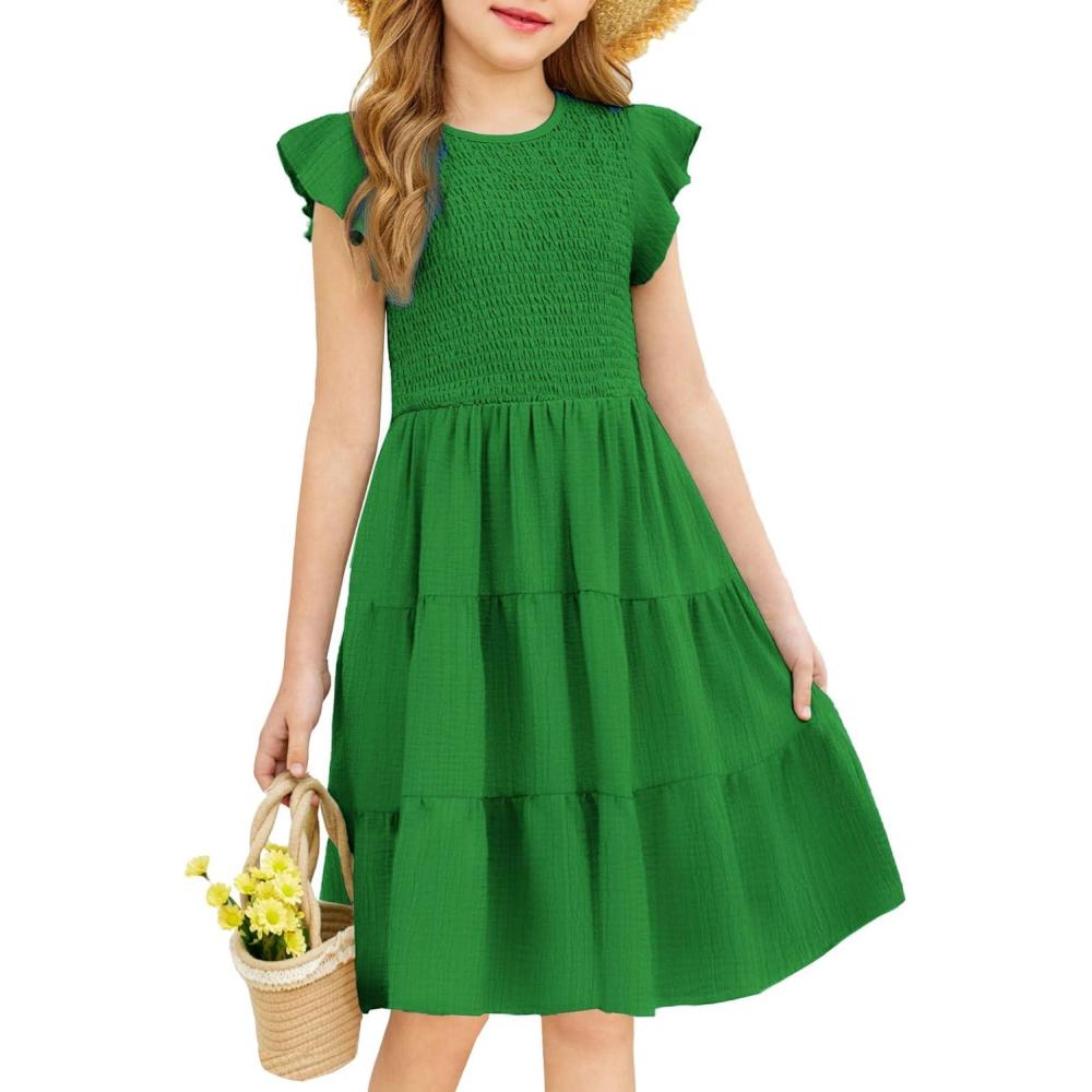 image:imageArshiner Girls Summer Flutter Short Sleeve Sundress Smocked Elastic Waist Tiered Midi Dress with PocketsGreen