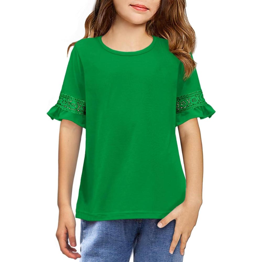 image:imageArshiner Girls TShirt Kids Casual Tunic Tops Lace Short Sleeve Loose Soft BlouseGreen