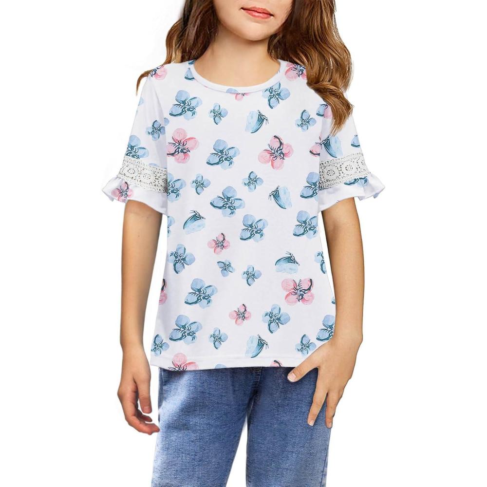 image:imageArshiner Girls TShirt Kids Casual Tunic Tops Lace Short Sleeve Loose Soft BlousePat2