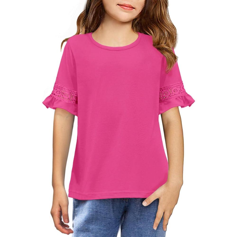image:imageArshiner Girls TShirt Kids Casual Tunic Tops Lace Short Sleeve Loose Soft BlouseRose Red