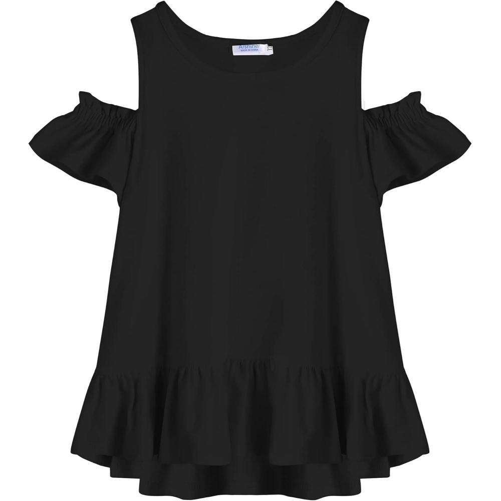 image:imageArshiner Girls TShirts Short Sleeve with Cold Shoulder Ruffle Hem Blouse Cute Floral Print Tee Tops
