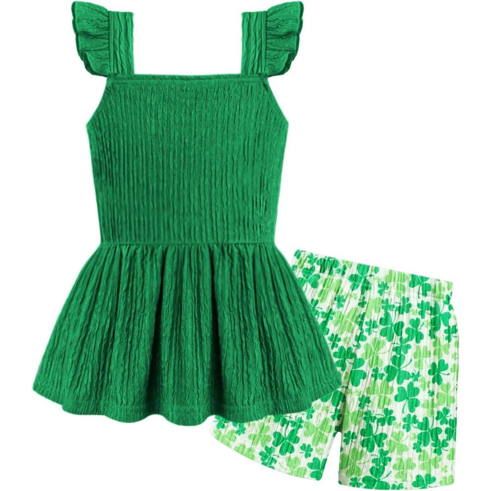 image:imageArshiner Toddler Girl Clothes 2 Piece Summer Outfit Ruffle Sleeveless Top and Shorts Set with Pockets 27YGreen Leaf