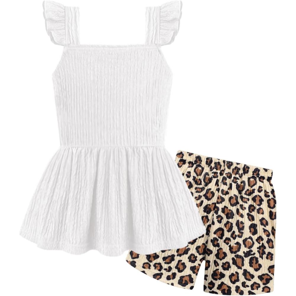 image:imageArshiner Toddler Girl Clothes 2 Piece Summer Outfit Ruffle Sleeveless Top and Shorts Set with Pockets 27YLeopard