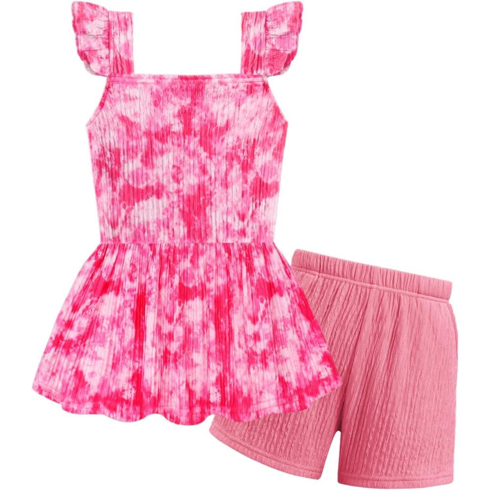 image:imageArshiner Toddler Girl Clothes 2 Piece Summer Outfit Ruffle Sleeveless Top and Shorts Set with Pockets 27YPink Tie Dye