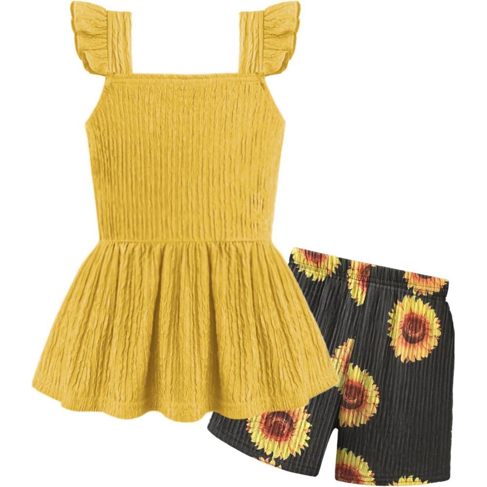 image:imageArshiner Toddler Girl Clothes 2 Piece Summer Outfit Ruffle Sleeveless Top and Shorts Set with Pockets 27YSunflower