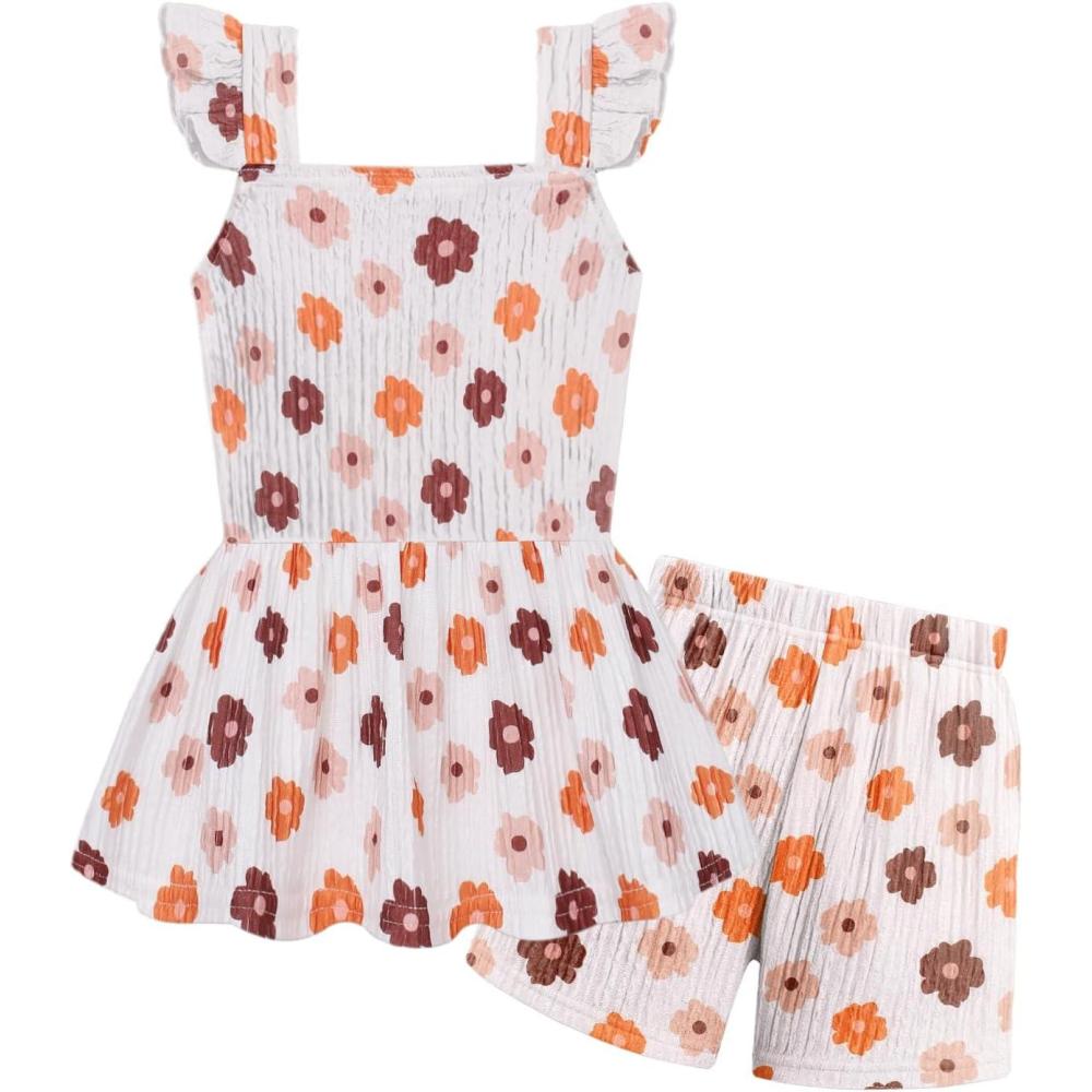image:imageArshiner Toddler Girl Clothes 2 Piece Summer Outfit Ruffle Sleeveless Top and Shorts Set with Pockets 27YWhiteBrown Floral