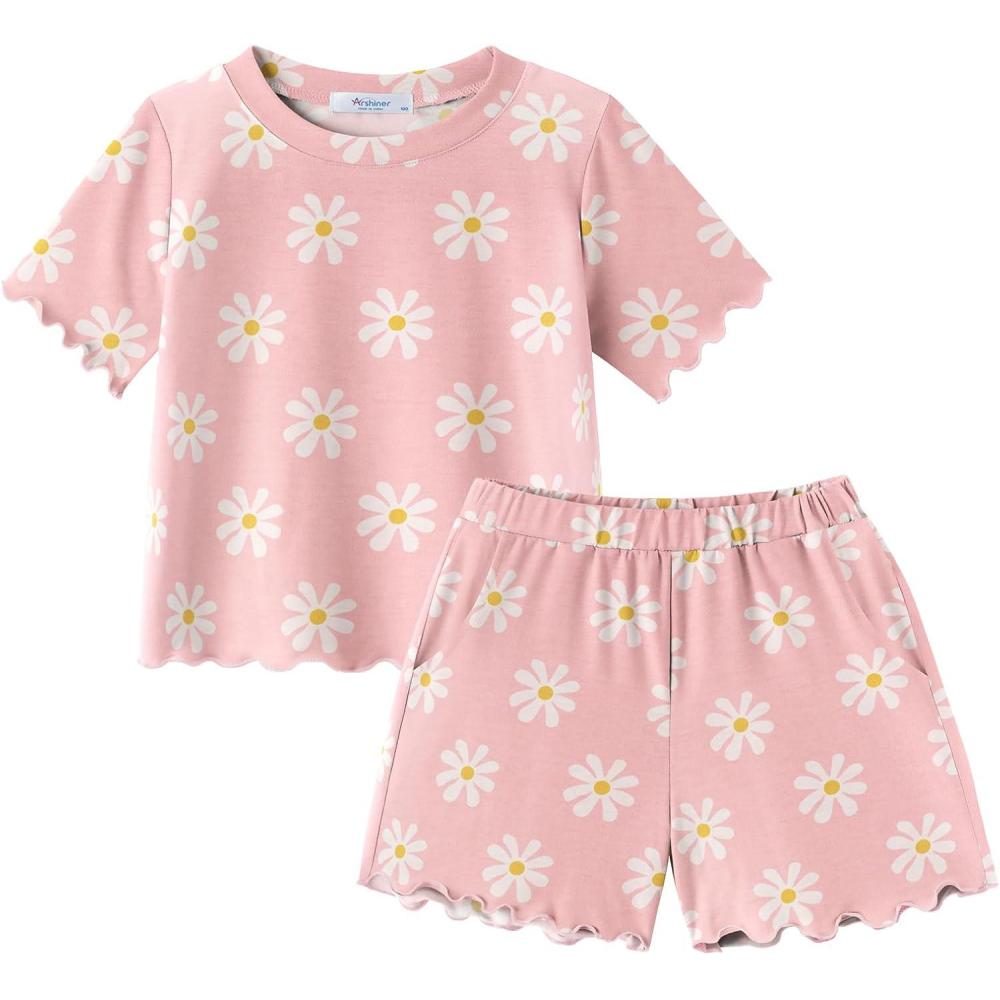 image:imageArshiner Toddler Girls Clothes Ruffle Short Sleeves Crewneck Tops and Shorts with Pockets Cute Summer 2 Pieces Short SetsDaisy Pink
