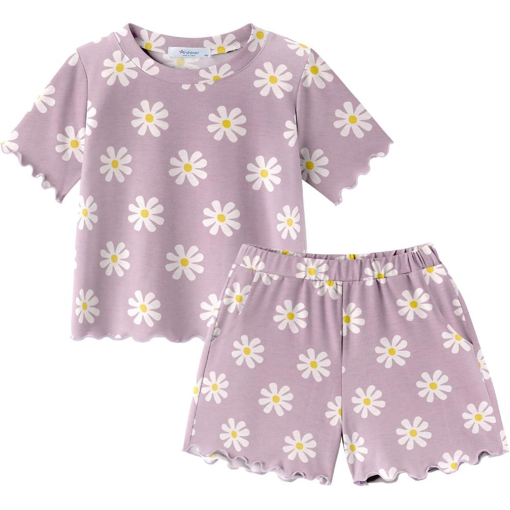 image:imageArshiner Toddler Girls Clothes Ruffle Short Sleeves Crewneck Tops and Shorts with Pockets Cute Summer 2 Pieces Short SetsDaisy Purple