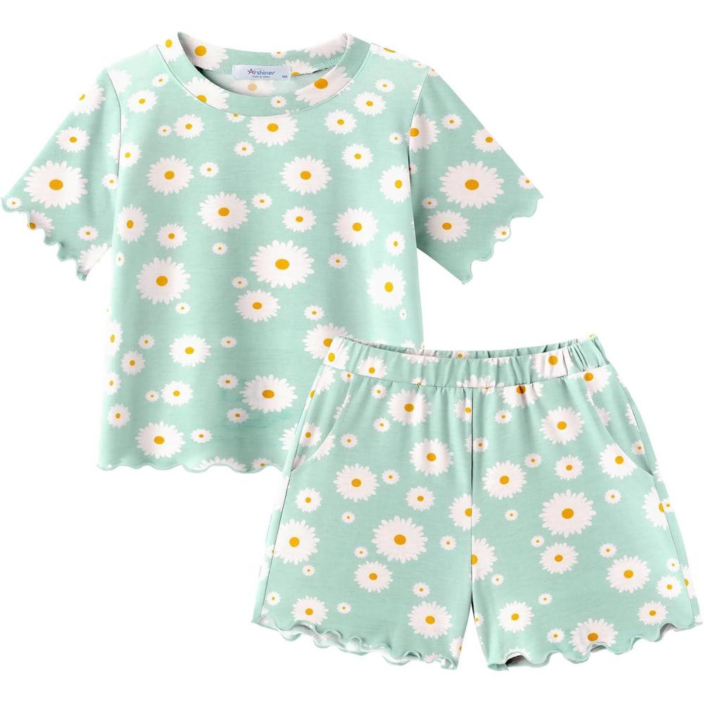 image:imageArshiner Toddler Girls Clothes Ruffle Short Sleeves Crewneck Tops and Shorts with Pockets Cute Summer 2 Pieces Short SetsGreen Daisy