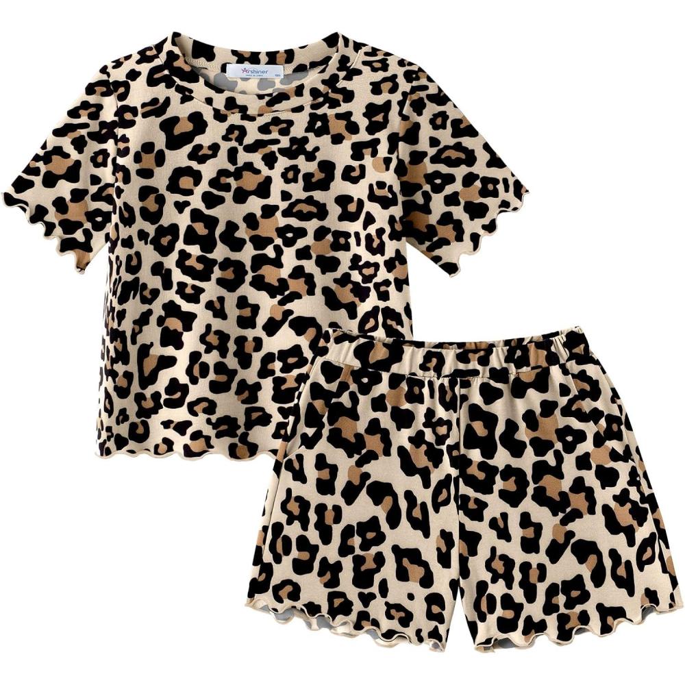 image:imageArshiner Toddler Girls Clothes Ruffle Short Sleeves Crewneck Tops and Shorts with Pockets Cute Summer 2 Pieces Short SetsLeopard Print