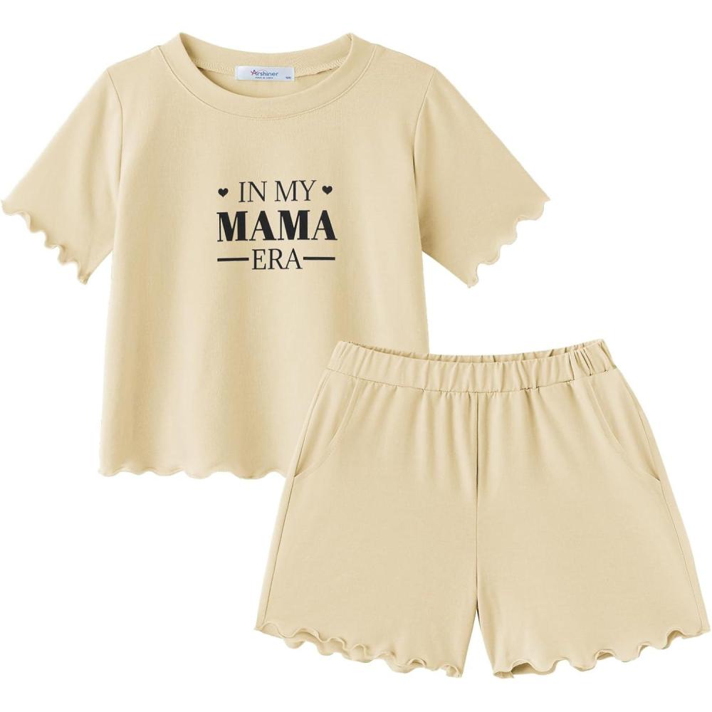 image:imageArshiner Toddler Girls Clothes Ruffle Short Sleeves Crewneck Tops and Shorts with Pockets Cute Summer 2 Pieces Short SetsLetter Print
