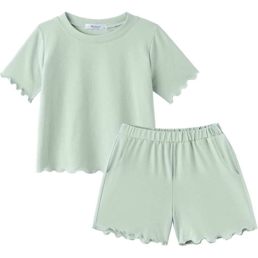 image:imageArshiner Toddler Girls Clothes Ruffle Short Sleeves Crewneck Tops and Shorts with Pockets Cute Summer 2 Pieces Short SetsLight Green