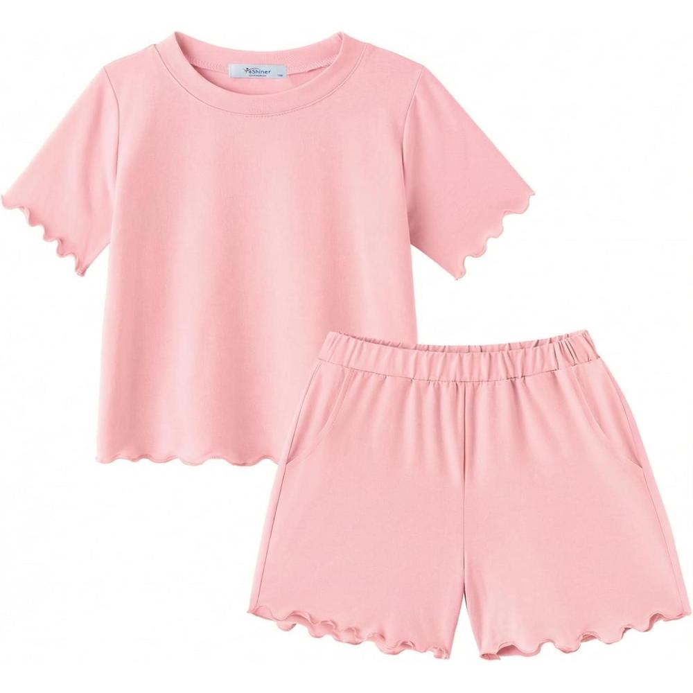 image:imageArshiner Toddler Girls Clothes Ruffle Short Sleeves Crewneck Tops and Shorts with Pockets Cute Summer 2 Pieces Short SetsLight Pink