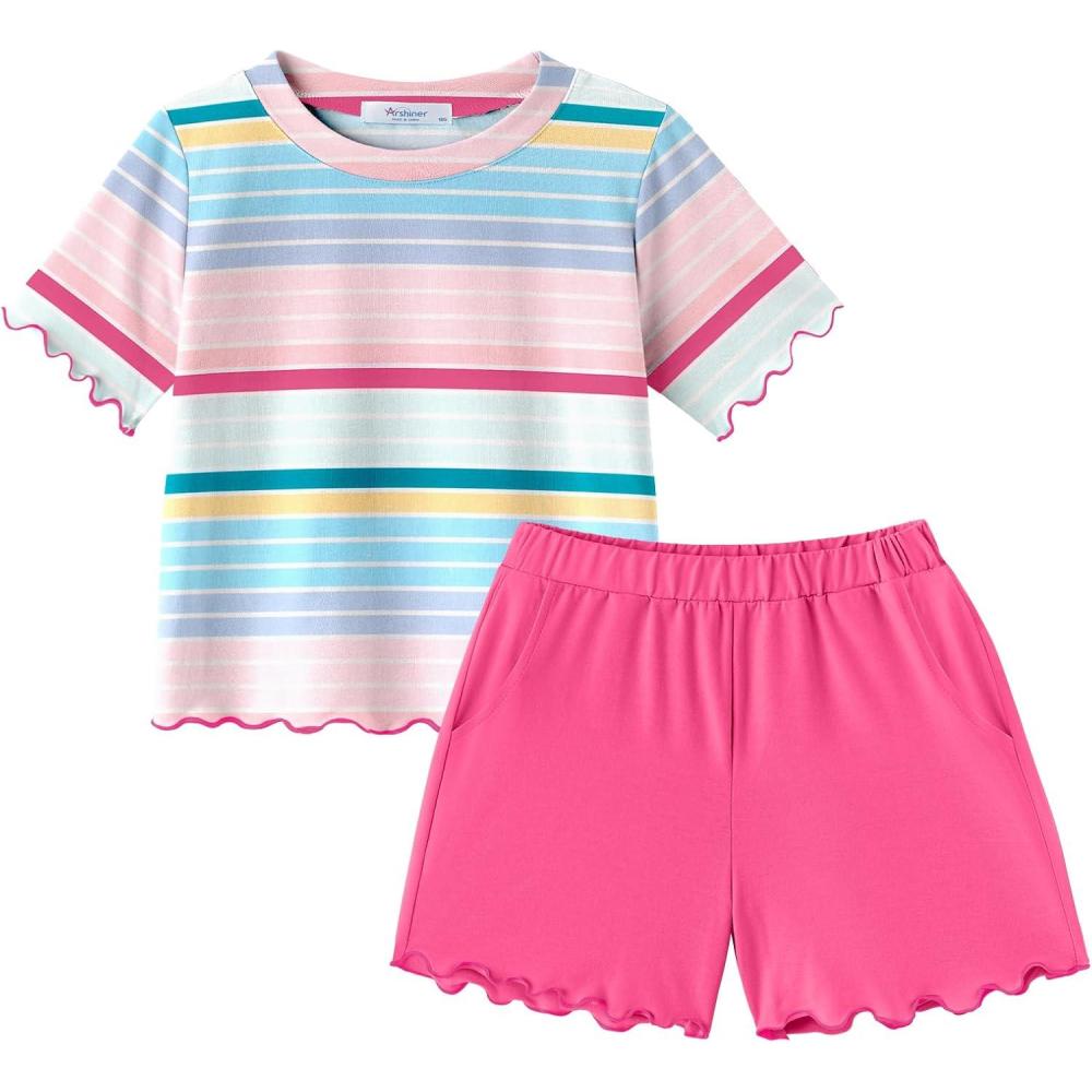 image:imageArshiner Toddler Girls Clothes Ruffle Short Sleeves Crewneck Tops and Shorts with Pockets Cute Summer 2 Pieces Short SetsRainbow Stripe