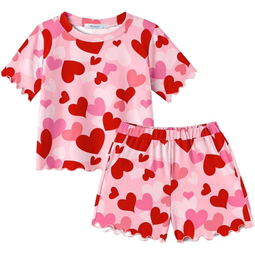 image:imageArshiner Toddler Girls Clothes Ruffle Short Sleeves Crewneck Tops and Shorts with Pockets Cute Summer 2 Pieces Short SetsRedheart Print