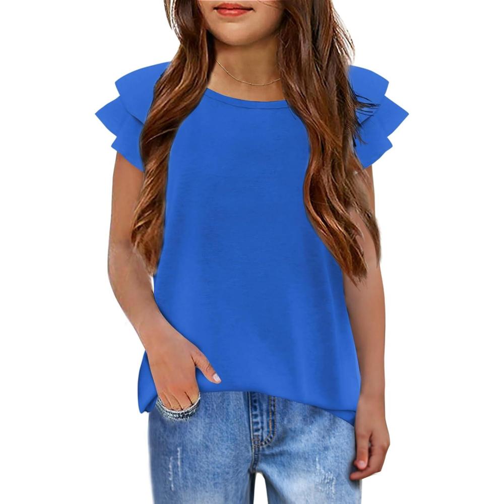 image:imageGirls T Shirts Ruffle Short Sleeve Round Neck Loose Blouse Summer Solid Color Casual Girl Tee Tops for 312 YearsNavy Blue