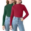 Arshiner Girls 2 Packs Lettuce Trim Mock Neck Long Sleeve Shirts Ribbed Knit Slim Tops Casual Trendy Base Layer Tee(Dark Red/Green)
