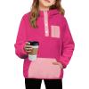 Arshiner Girls Fleece Pullover Hooded Sweatshirt Colorblock Sherpa Hoodie for Teen Girl Winter Button Jacket Coat with Pocket(Deep Pink)