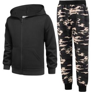 Arshiner Boys’ 2 Piece Athletic Tracksuit Jogging Outfit Sweatsuit Zip Up Hoodie and Active Pants Sets for Kids 5-14 Years(Black /Camo)