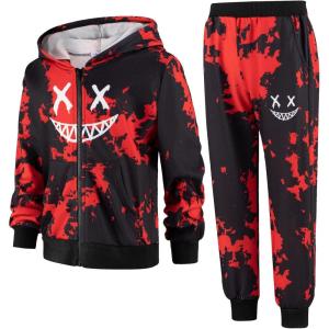 Arshiner Boys’ 2 Piece Athletic Tracksuit Jogging Outfit Sweatsuit Zip Up Hoodie and Active Pants Sets for Kids 5-14 Years(Tie Dye-red/Black)