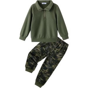 Arshiner Boys Clothes Half Zip Sweatshirt and Pants Outfit 2Pcs Fall Winter Sweatsuit Set for Kids 2-10 Years(Army Green & Camo)