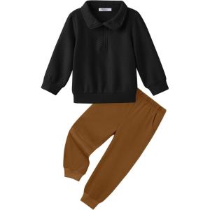 Arshiner Boys Clothes Half Zip Sweatshirt and Pants Outfit 2Pcs Fall Winter Sweatsuit Set for Kids 2-10 Years(Black & Brown)
