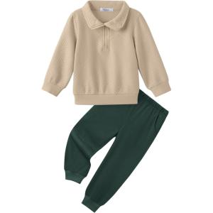 Arshiner Boys Clothes Half Zip Sweatshirt and Pants Outfit 2Pcs Fall Winter Sweatsuit Set for Kids 2-10 Years(Light Khaki & Green)