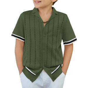 Arshiner Boys Knit Shirts Short Sleeve Button Down Shirt Vintage Fashion Casual Summer Beach Shirts for Kids 4-13 Years(Army Green)