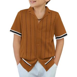 Arshiner Boys Knit Shirts Short Sleeve Button Down Shirt Vintage Fashion Casual Summer Beach Shirts for Kids 4-13 Years(Brown)
