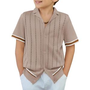 Arshiner Boys Knit Shirts Short Sleeve Button Down Shirt Vintage Fashion Casual Summer Beach Shirts for Kids 4-13 Years(Dark Khaki)
