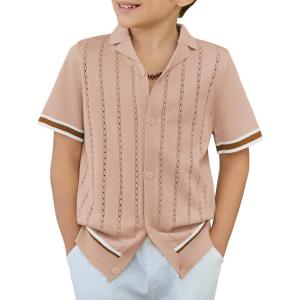 Arshiner Boys Knit Shirts Short Sleeve Button Down Shirt Vintage Fashion Casual Summer Beach Shirts for Kids 4-13 Years(Khaki)