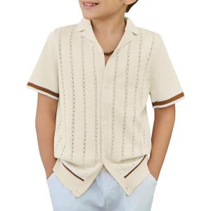 Arshiner Boys Knit Shirts Short Sleeve Button Down Shirt Vintage Fashion Casual Summer Beach Shirts for Kids 4-13 Years(Off-white)