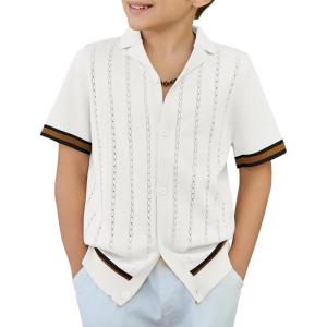 Arshiner Boys Knit Shirts Short Sleeve Button Down Shirt Vintage Fashion Casual Summer Beach Shirts for Kids 4-13 Years(White)