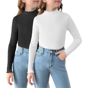 Arshiner Girls 2 Packs Lettuce Trim Mock Neck Long Sleeve Shirts Ribbed Knit Slim Tops Casual Trendy Base Layer Tee(Black/White)