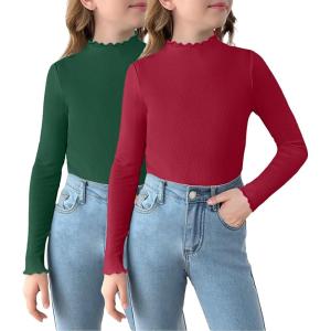 Arshiner Girls 2 Packs Lettuce Trim Mock Neck Long Sleeve Shirts Ribbed Knit Slim Tops Casual Trendy Base Layer Tee(Dark Red/Green)