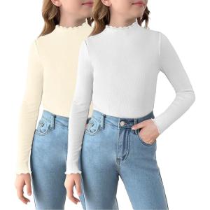 Arshiner Girls 2 Packs Lettuce Trim Mock Neck Long Sleeve Shirts Ribbed Knit Slim Tops Casual Trendy Base Layer Tee(White/Beige)