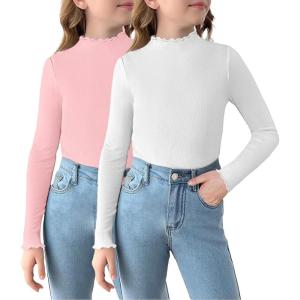 Arshiner Girls 2 Packs Lettuce Trim Mock Neck Long Sleeve Shirts Ribbed Knit Slim Tops Casual Trendy Base Layer Tee(White/Light Pink)