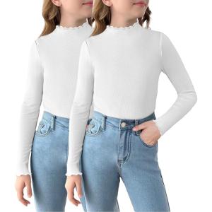 Arshiner Girls 2 Packs Lettuce Trim Mock Neck Long Sleeve Shirts Ribbed Knit Slim Tops Casual Trendy Base Layer Tee(White/White)